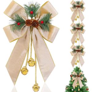Yinkin Christmas Tree Wreath Bow Christmas Ribbon Bows with Bells 11 x 7.8 in Velvet Pine Cone Bowknot Xmas Tree Hanging Ornaments Decor for Home Xmas Party Outdoor Indoor(Champagne Gold,4 Pcs)