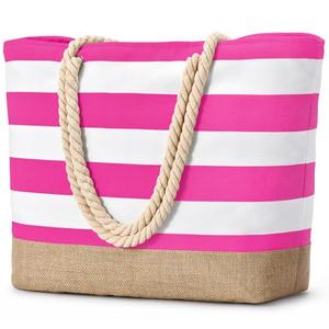 Becokan Beach Bags for Women Large Canvas Jute Beach Tote Waterproof Sandproof Swim Pool Bag Travel Vacation Essentials (Salmon)