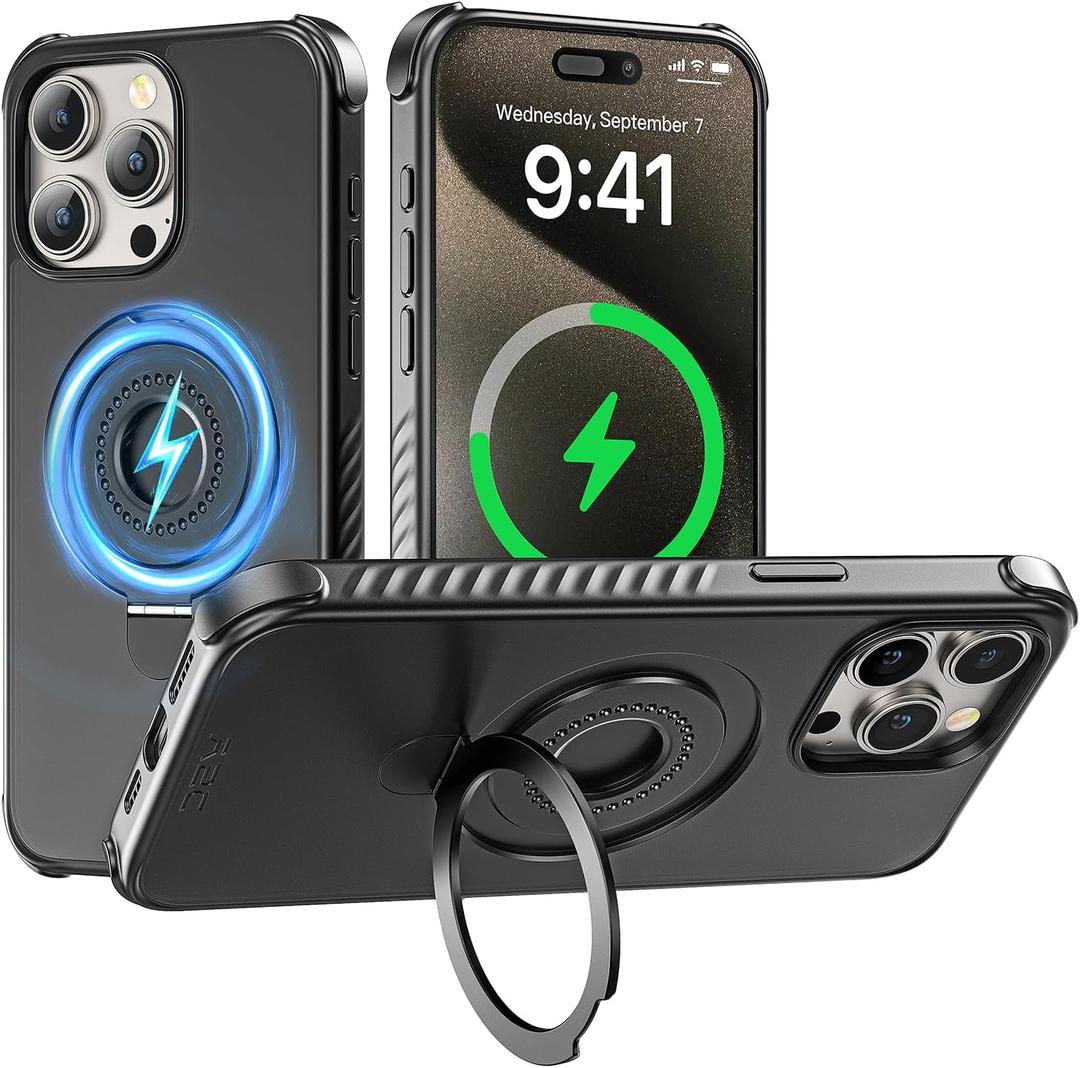 A2C One-Lock Ultra Safe iPhone 15 Pro Max Case – Compatible with One-Lock Car/Bike/Motorcycle Mounts, Eco-Friendly 2X Thick Military-Grade Drop Protection, Stable & Secure – Black & Ring Kickstand