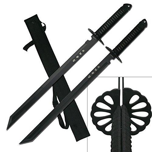 KCCEDGE BEST CUTLERY SOURCE 2PC Combo Full Tang 28in Tanto Ninja Katana Twin Sword Machete w/Nylon Sheath + Black Chinese Engraved on Blade Edition