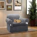 Chair Slipcover with Armrest Pockets 2-Piece Set, Stretch Faux Leather Chair Cover for Armchairs(Fits 31-45") - Non-Slip, Machine Washable, Pet & Kid Friendly - Light Gray
