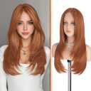 Haloo Copper Wig with Curtain Bangs - Lace Front Hairline Middle Part Long Layered Natural Looking Straight Synthetic Hair Wigs for Women Daily Party, 24 Inch Copper Red