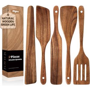 KLYRO 5 PCS Wooden Spatula Set, Natural Teak Wooden Spoons for Cooking, Nonstick Cookware Safe Kitchen Utensils Set, Durable & Elegant Cooking Utensils Gift Set