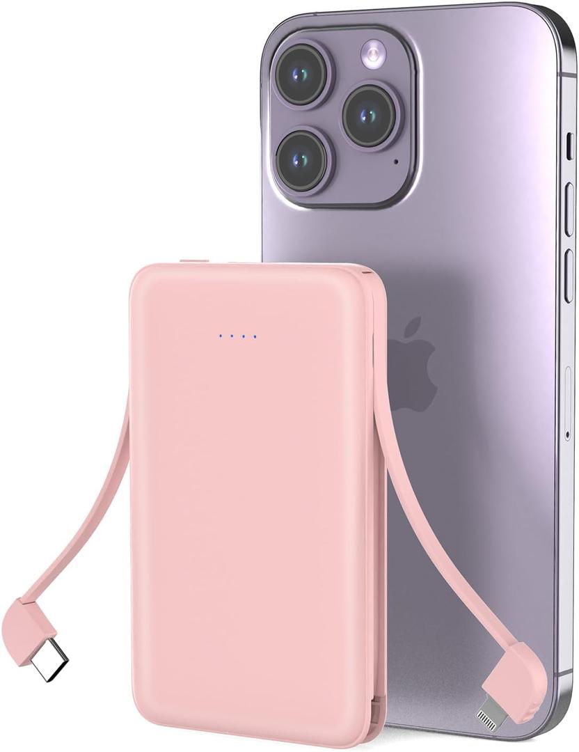 Smallest Portable Charger with Built-in Cables 5000mAh,Ultra Slim Power Bank,Mini High Speed External Battery Packs,Lightweight USB C Phone Charger for iPhone Samsung Google Android (Pink)