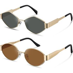 2 x STGATN 2 Packs Trendy Sunglasses for Women Retro Oval & Stylish Hexagon Gold Metal Sun Glasses UV Protection Vintage Shades