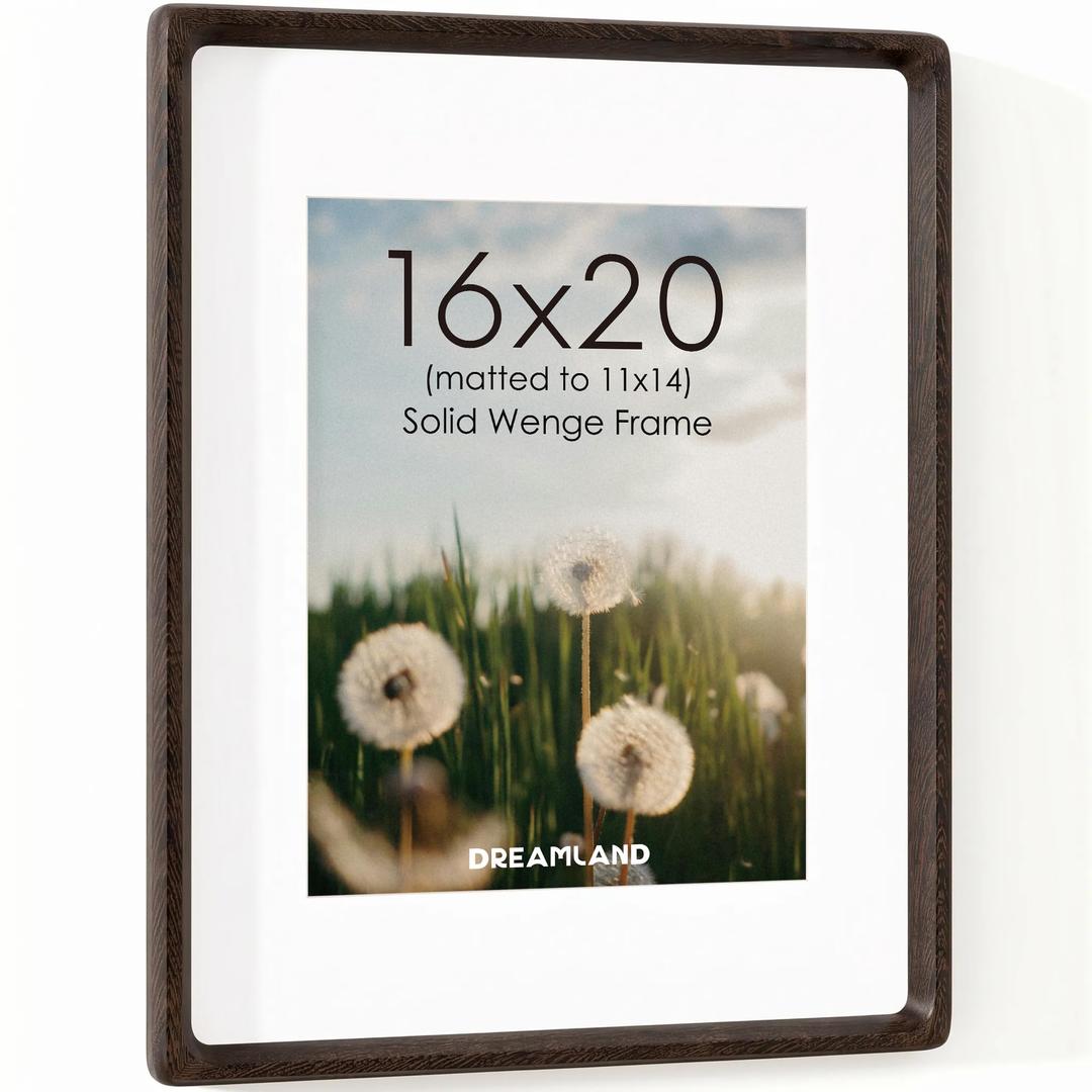 Dreamland 16x20 Picture Frame, USA-Sourced Wenge Wood Photo Frames with HD Tempered Glass, 16 x 20 Wooden Frame Matted to 11 x 14, 16x20 Frames Handcrafted Rounded Corner for Tabletop or Wall Display