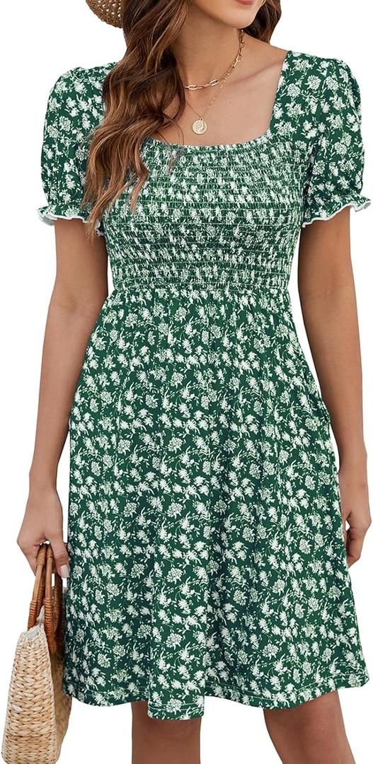 Naggoo Women's Summer Dresses Puff Short Sleeve Square Neck Casual Boho Floral Smocked A Line Flowy Beach Dresses, L