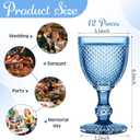 Bokon 12 Pack Blue Glass Goblets Set 10 oz High Clear Wine Glass Vintage Water Goblets Cups Embossed Diamond Design Glassware with Stem for Drinking Juice Liquor Party Wedding Bar