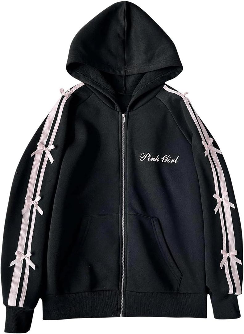 MakeMeChic Women's Y2K Bow Knot Striped Sweatshirt Long Sleeve Zip Up Letter Print Hoodies Tops (Medium, Black)