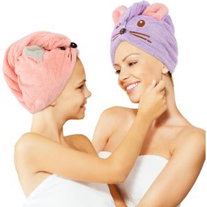 Whaline 2 Pack Parent-Child Quick Dry Hair Towel Cute Mouse Hair Towel Wrap Purple Pink Cotton Hair Turban Towels Super Absorbent Hair Drying Towel for Women Parent Kids Curly Long Thick Hair