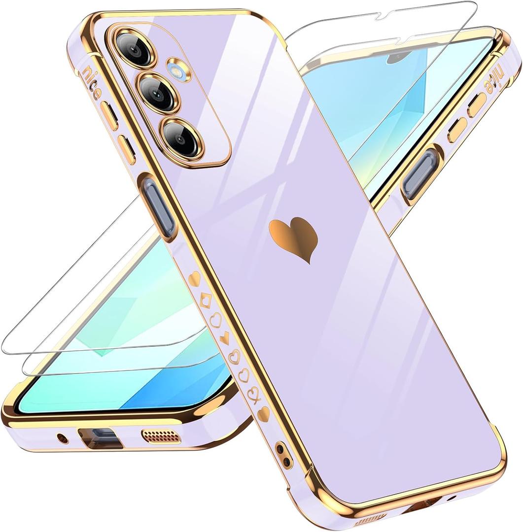LeYi for Galaxy A16-5G Phone Case: with Tempered Glass Screen Protector [2 Pcs]+ Full Camera Lens Protection,Love Heart Plating Luxury Shockproof Case for Samsung A 16 5G, Purple