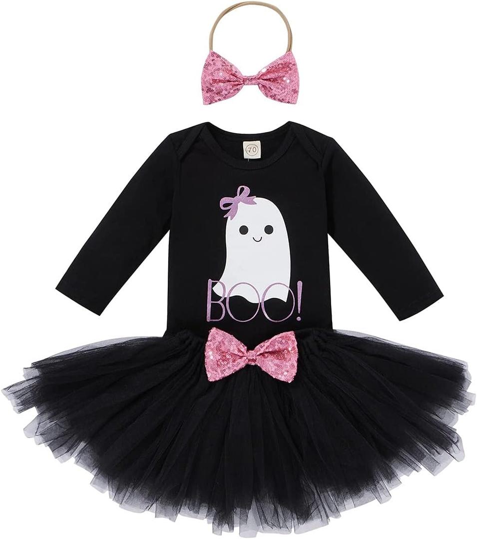 Baby Girls 1st Halloween Pumpkin Ghost Costume Long Sleeve Romper & Tutu Skrit & Headband Outfit Photo Shoot Set (12-18 Months)