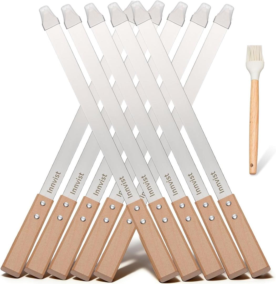 10PCS Stainless Steel Koobideh Skewers, 23.6" Flat Persian Kabob Skewer, Metal Long BBQ Skewers for Grilling Meat with Wood Handle and Silicone Brush for Picanha Brazilian Shish Adana Kebab