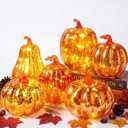 6 Pack Light Up Glass Pumpkin with Timer Fall Decor, Orange