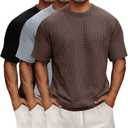 Riyiper 3 Pack Men's Big and Tall Waffle T Shirts, Short Sleeve Crew Neck Tops Casual Textured Knit Pullover Lightweight Tees (XX-Large, Black, Light Grey, Coffee)