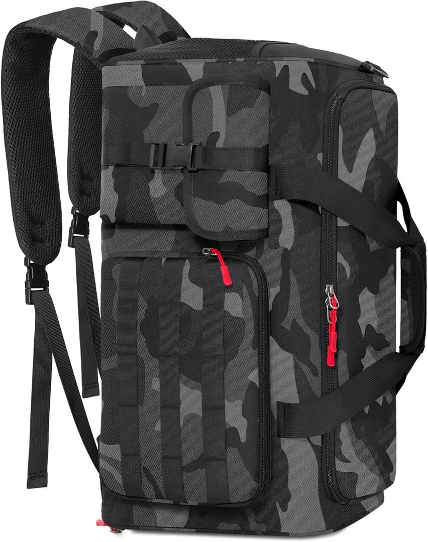 RAINSMORE Gym Bag for Men, 45L Sports Travel Duffel Bag with Shoe & Laptop Compartment, Gym Workout Backpack Carry On Weekender Bag Overnight Backpack for Travel, Black Camo