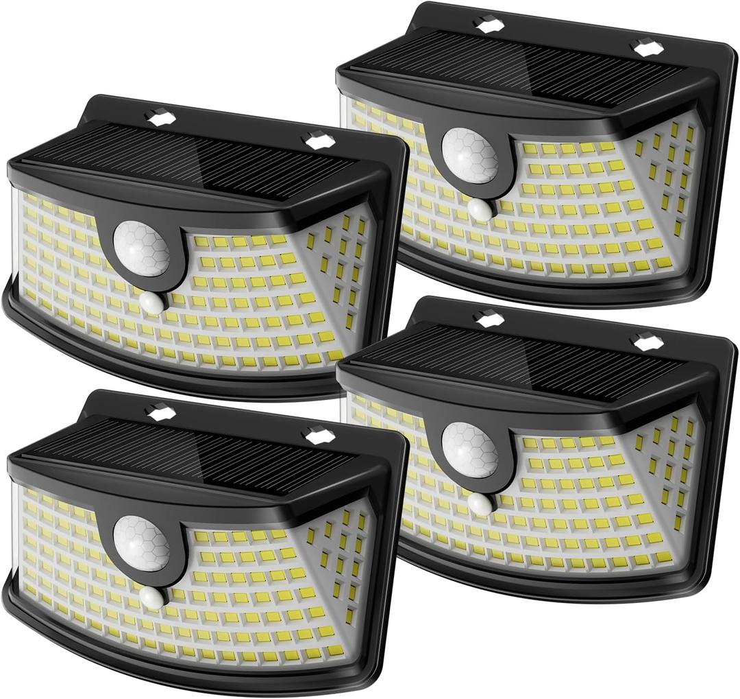 Aootek New Solar Motion Sensor Lights 120 LEDs with Lights Reflector,270 Wide Angle, IP65 Waterproof, Step Lights for Front Door, Yard, Garage, Deck (Black, Daylight White, 4-Pack)