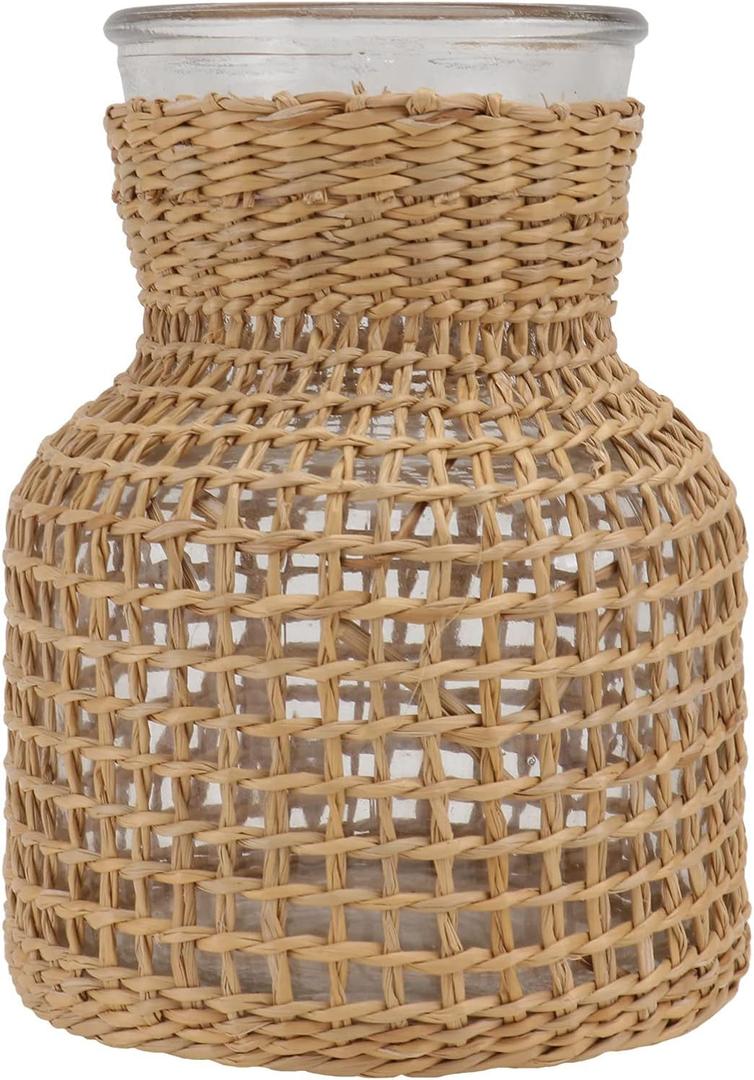 Decorative Glass Vase Rustic Rattan Vase Plant Dry Flower Vase Pot Planter Bulb Vase Flower Container Rattan Weave Glass Bottle Wedding Centerpiece Table Decoration