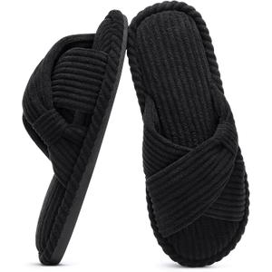 e Summer House Slippers for WEvshinomen Corduroy Cross Bow Indoor Slippers Open Toe Slip On Bedroom Shoes with Memory Foam (8-9, Black)