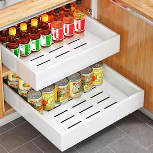 Pull Out Cabinet Organizer with Nano Adhesive, Heavy Duty Full-Extension Slide-Out Drawer for Kitchen Cabinet Organizers and Storage, No Drill Roll out Pantry Shelf, 15.8"W x 16.9"D x 3.1"H , White