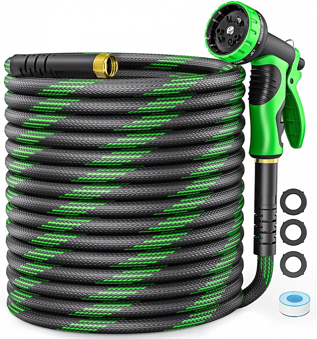Non-Expandable Garden Hose 50 FT, Heavy-Duty & Flexible Water Hose with 10-Function Nozzle, Kink-Free & Leak-Proof Design, Ultra Lightweight Portable Yard Hose for Lawn, Car, Outdoor Use