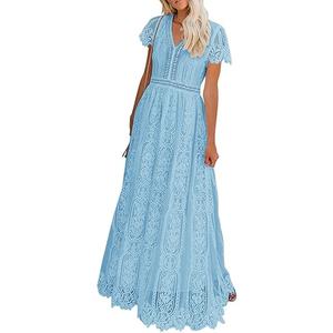 MEROKEETY Women's 2026 V Neck Short Sleeve Floral Lace Wedding Dress A Line Boho Bridesmaid Cocktail Party Maxi Dress, Size: S
