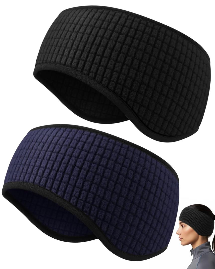 Skicuff 2 Pcs Fleece Ear Warmers for Women Men Soft Waffle Knit Ear Cover Headband for Running Cycling Ski Daily Wear(Black and Navy Blue)