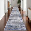 KOZYFLY Modern Abstract Washable Rug Runner 2.6x 14 Hallway Rug Runner Non-Slip Soft Kitchen Runner Rugs, Grey-Blue Striped Carpet for Entryway Bathroom Laundry Room Foyer