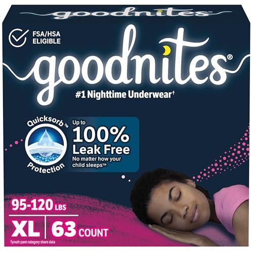 Goodnites Girls' Nighttime Bedwetting Underwear, Size Extra Large (95-120 lbs), 63 Ct (3 Packs of 21), XL