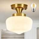 Brass Schoolhouse Ceiling Light 8" Mid Century Lights Fixtures Milk Glass Light Fixture School House Lights Fixture Ceiling Semi Flush Mount Ceiling for Bedroom Bathroom (Bulb Incl.)