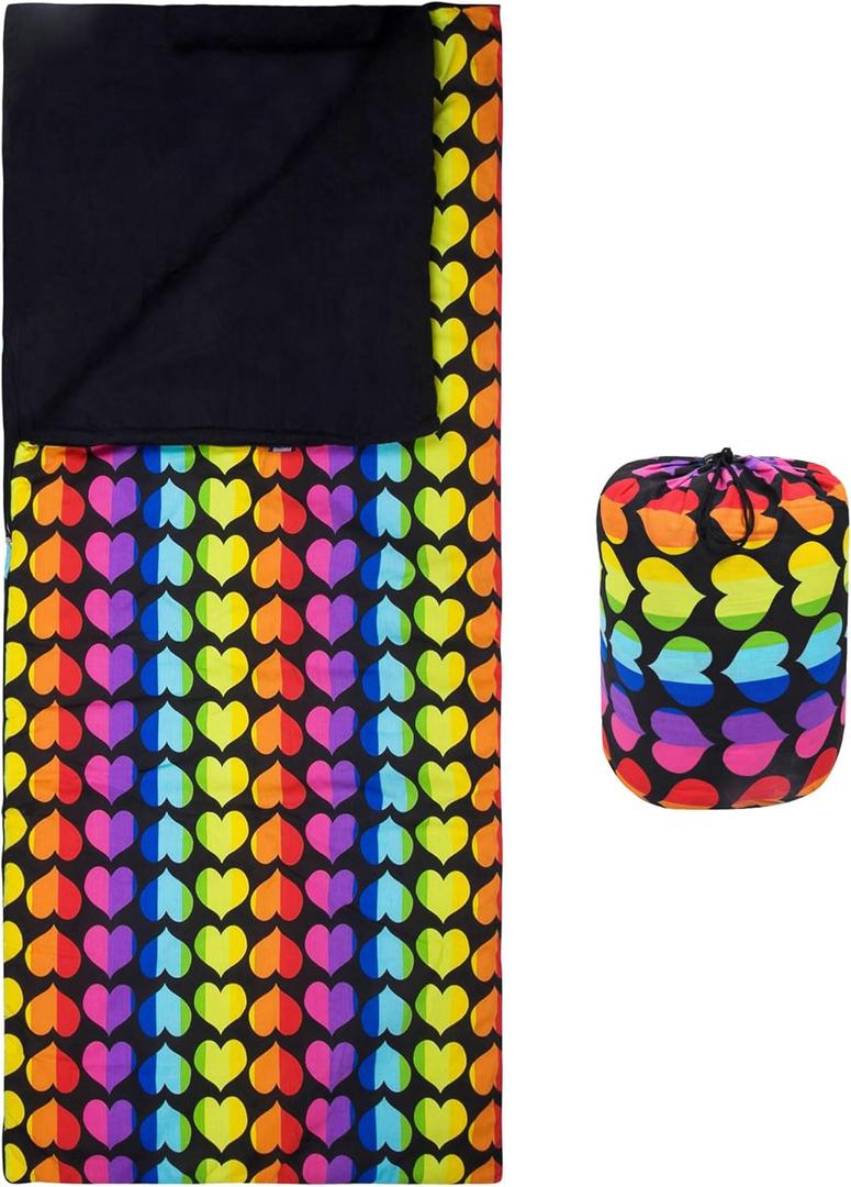 Wildkin Kids Sleeping Bag  Roll-Up Design with Storage Bag for School, Travel & Camping - Rainbow Hearts