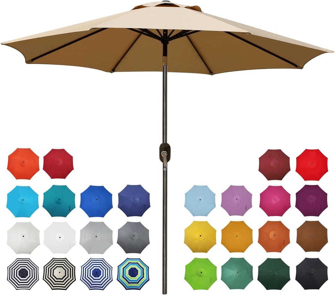Blissun 9' Outdoor Patio Umbrella, Outdoor Table Umbrella, Yard Umbrella, Market Umbrella with 8 Sturdy Ribs, Push Button Tilt and Crank (Tan)