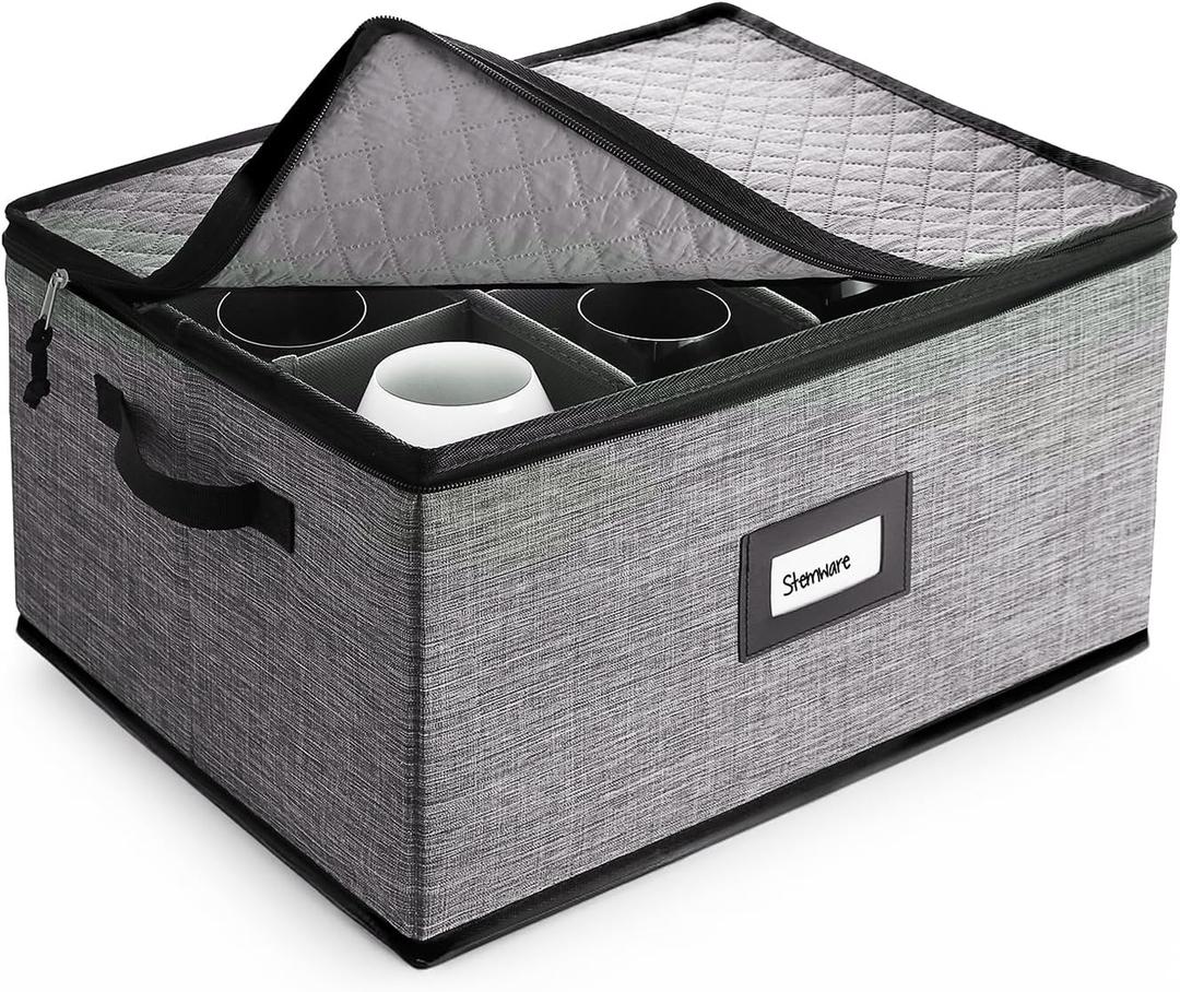 Hearth & Harbor Glass Storage Box with Dividers, Quilted and Stackable Stemware Storage Cases, Service of 12 Glass China Container Hard Shell for Moving and Organization, Grey