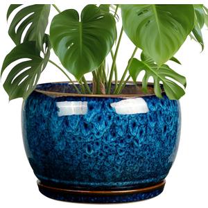 SQOWL 10 Inch Plant Pot - Ceramic Planter Pot with Drainage Hole and Saucer, Decorative Plant Pot for Indoor Outdoor Plants, Round Large Planter Flower Pot, Blue
