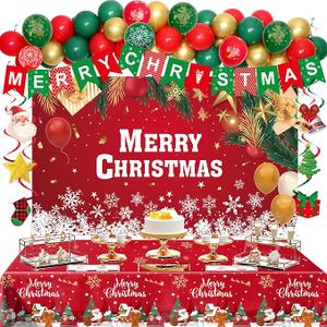 Christmas Party Decorations Set, Red Green Christma Balloon Arch, Merry Christmas Backdrop Banner Xmas Hanging Swirls Tablecloths for Xmas Party Indoor Outdoor Decorations Supplies