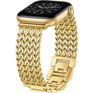 Metal Band Compatible with Apple Watch Bands for Women 40mm 41mm 42mm 38mm 44mm 45mm 46mm 49mm, Dressy Stainless Steel Link Bracelet, Designer Strap for iWatch Series 11/SE/10/9/8/7/6/5/4/3/2/1/Ultra (Gold)