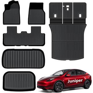 AUXKO All Weather Floor Mats for 2025 2026 New Tesla Model Y Juniper Cargo Mat with Backrest Mat & Front Trunk Liner & Rear Cargo Mat Car Full Set TPE Liners Accessories Guard Odorless Anti-Slip Mats