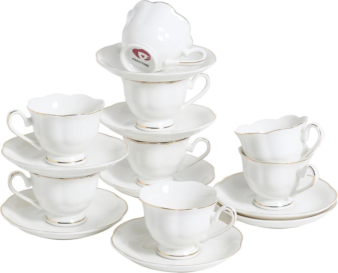 White Porcelain Demitasse Set of 8 (16-Piece) - 2.5oz Espresso Cups & Saucers, Elegant White & Gold Trim Coffee Set for Turkish Coffee, After Dinner, Gift Giving