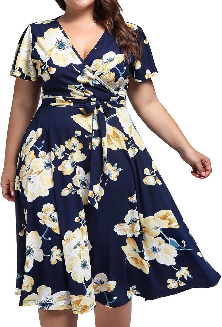 kissmay Women Dress Plus Size, V Neck Wrap Dresses for Women Plus Sized Dress Evening Autumn Dress for Women Summer Spring Dresses for Women 2025 Navy Blue White Yellow Size 16W