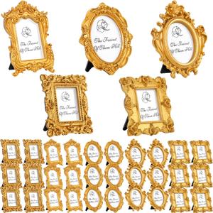Maitys 40 Pcs Mini Picture Vintage Frames with Stands Tiny Antique Photo Baroque Ornate Resin Oval Frame Table Top Display Home Wedding Decor (Gold)