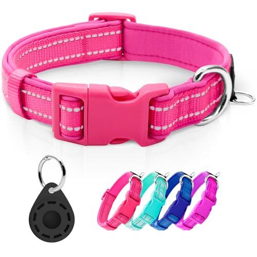 azuza Reflective Dog Collar with Airtag Holder, Soft Neoprene Padded Pet Collar with ID Tag Ring, Adjustable for Small Dogs, Hot Pink, S