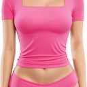 MANGOPOP Women's Square Neck Top Double Lined Short Sleeve Long Sleeve T Shirt Fitted Seamless Tee (Medium)