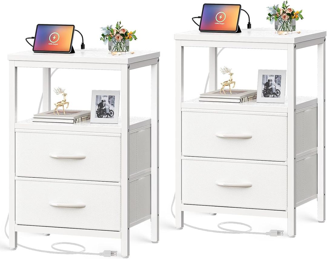 Huuger Nightstands Set of 2, End Tables with Charging Station, Side Tables with Fabric Drawers, Bedside Tables with USB Ports and Outlets, Night Stands, PU Leather, White, 11.8"d X 15.7"w X 23.6"h