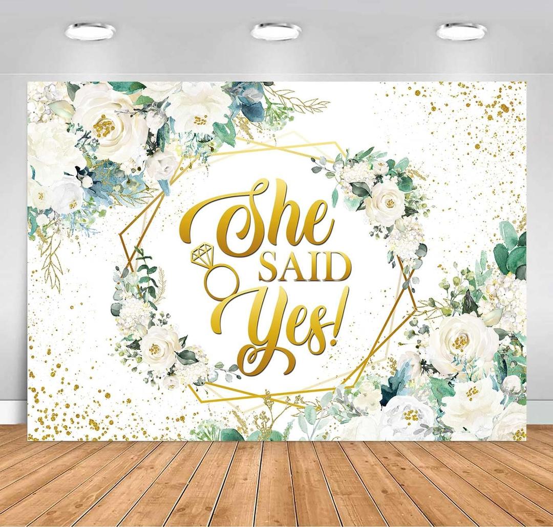 Sensfun She Said Yes Bridal Shower Backdrop White Rose Flowers Eucalyptus Leaves Engagement Background Wedding Bachelorette Party Banner Decoration Photoshoot Props (7x5ft)