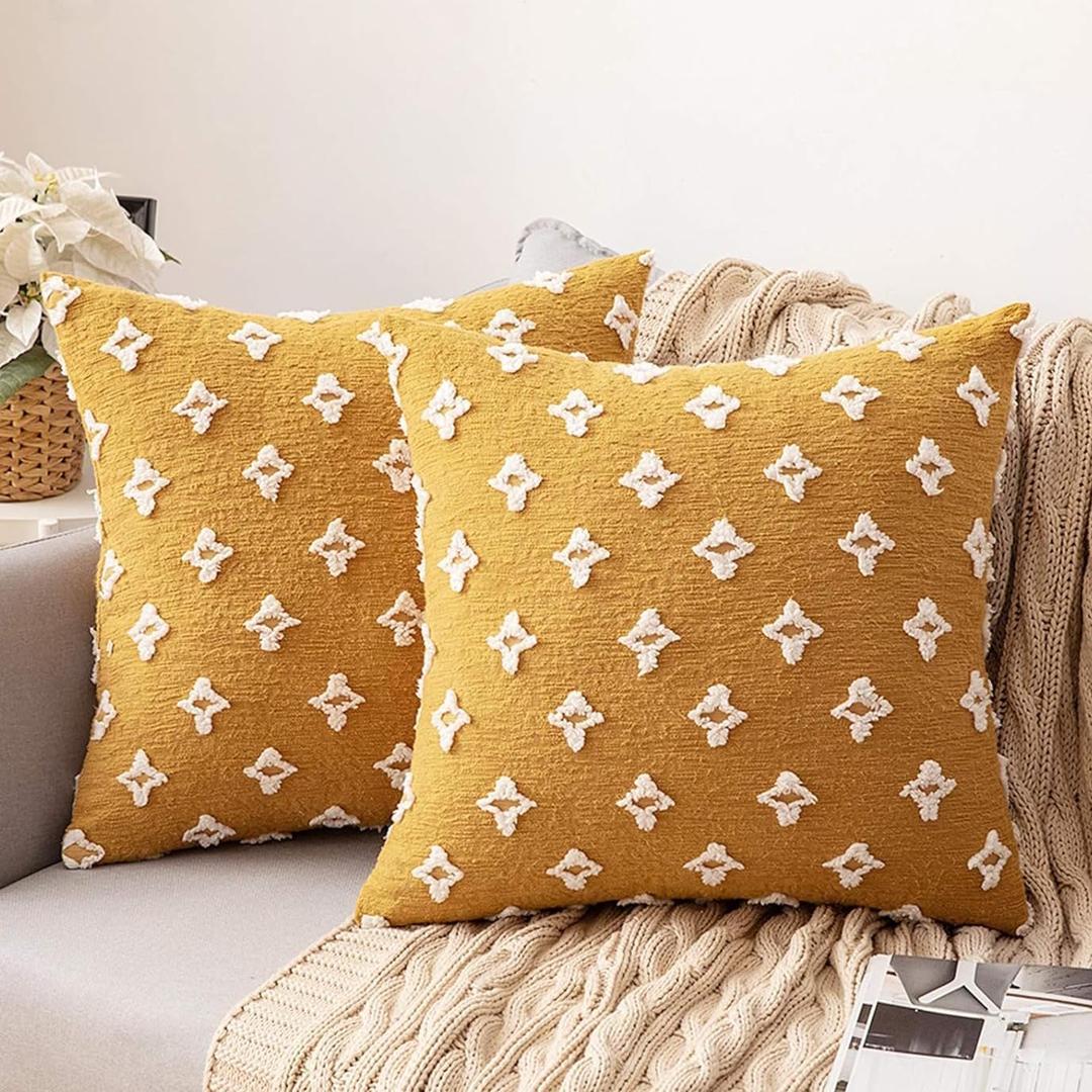 MIULEE Set of 2 Decorative Throw Pillow Covers Rhombic Jacquard Pillowcase Soft Square Cushion Case for Summer Spring Couch Sofa Bed Bedroom Living Room, 16x16 Inch, Yellow (16" x 16" (Pack of 2), Yellow)