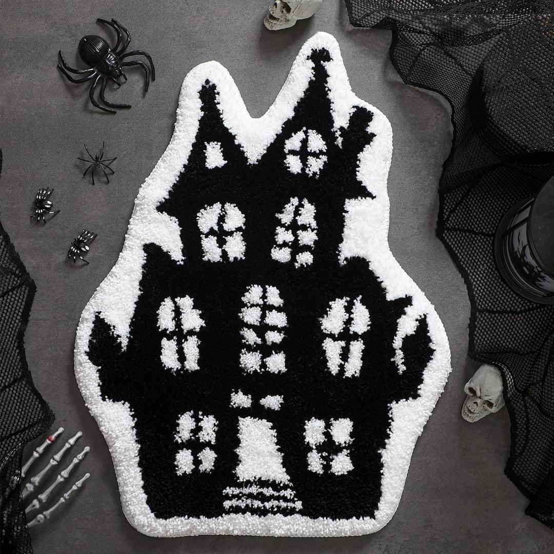 Halloween Castle Bathroom Rug Flocking Door Bath Mat for Kids Shower Bat Mat Decoration Non Slip Washable Bath Rug for Bathroom Shower