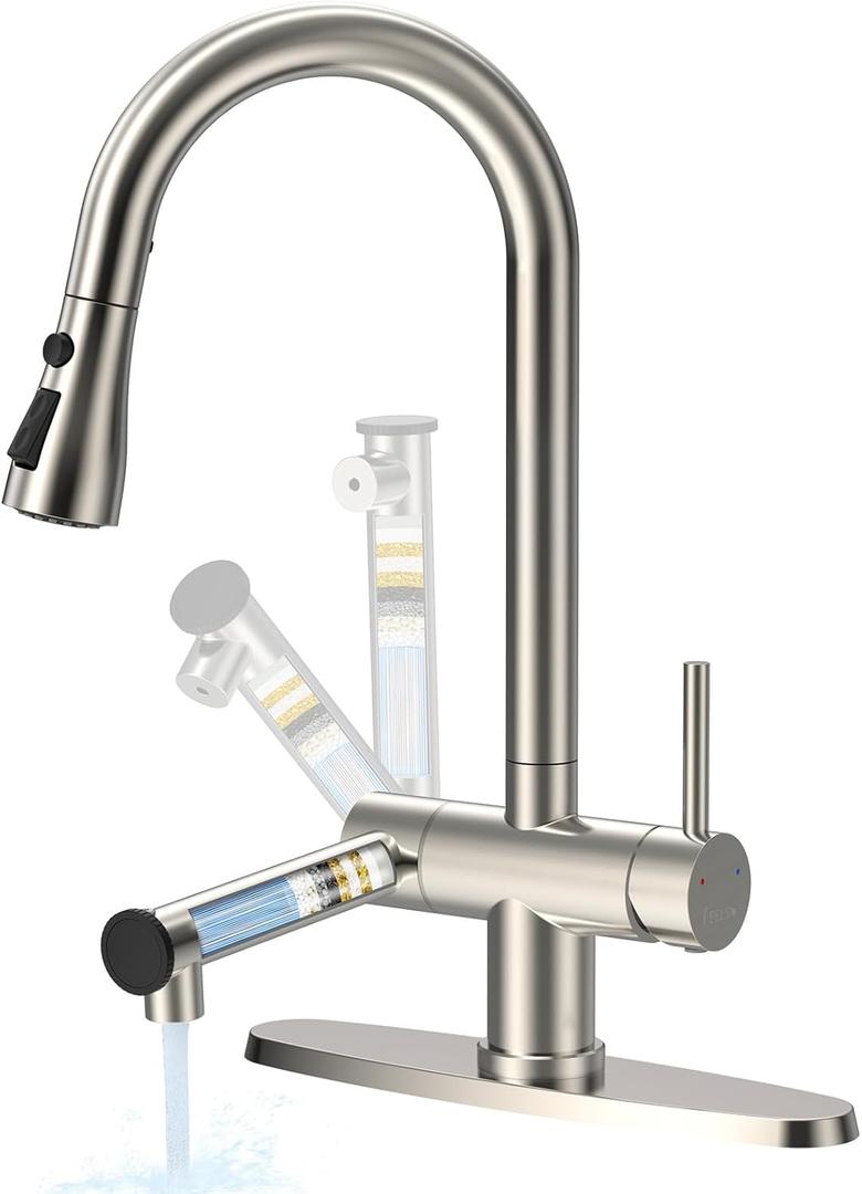 FEELSO Kitchen Faucets with Filtered, Stainless Steel Filter Kitchen Faucet with Pull Down Sprayer Reduces Lead, Chlorine, Bad Taste & Odor,High Arc Kitchen Sink Faucet 1 or 3 Hole for Farmhouse