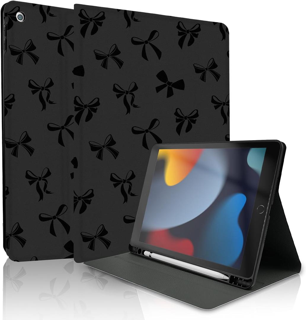 TopPerfekt for iPad 9th / 8th / 7th Generation 10.2 Inch 2021/2020/2019 Case, Black Bow Cute Chic Adorable with Pencil Holder for Kids, Boys, Girls, Anti-Slip, Anti-Shock, Black Bow