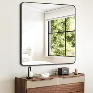 Bathroom Mirror 36" x 36" Large Square Wall Mirror with Black Aluminum Frame Rounded Corner, Wall Mounted Mirror for Bathroom Bedroom Entryway Living Room