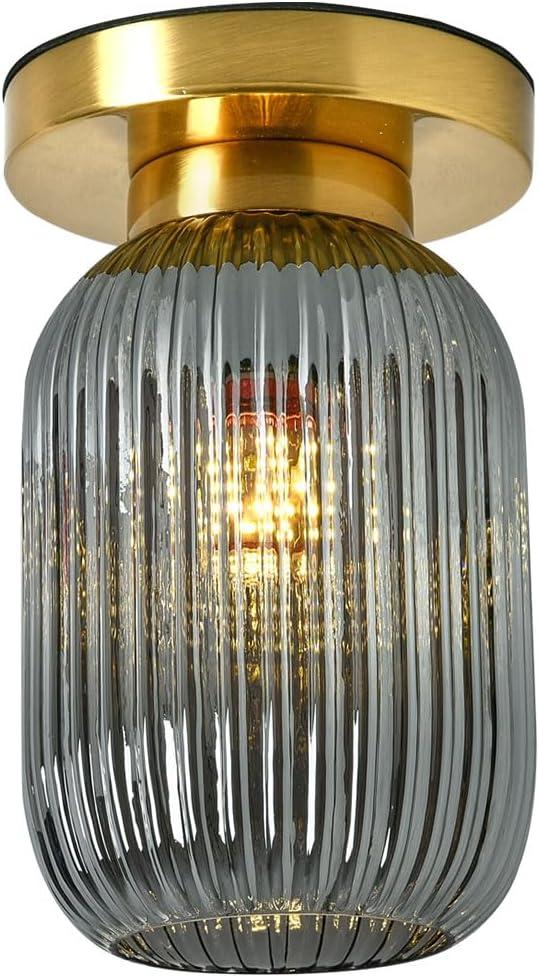 Mid Century Ceiling Light 1-Light Gold Flush Mount Ceiling Fixtures with Smoke Gray Glass Shade, Vintage Glass Light Fixtures for Hallway Living Room Kitchen (Smoke Gray)